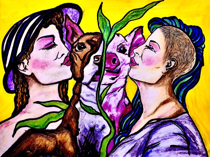 A vibrant, stylized illustration with a yellow background depicting two women kissing animal figures (a deer and a pig) that are separated by a green leafy stem.