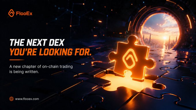 A promotional banner for FlooEx DEX, with the text "THE NEXT DEX YOU'RE LOOKING FOR. A new chapter of on-chain trading is being written." alongside an image of a glowing orange puzzle piece and the website www.flooex.com.