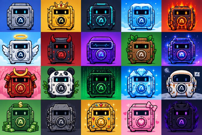 A 4x5 grid of colorful pixel-art robot icons, each featuring a central 'A' symbol, with various designs including crowned, angel-winged, devil-horned, panda, astronaut, and money-themed variations.