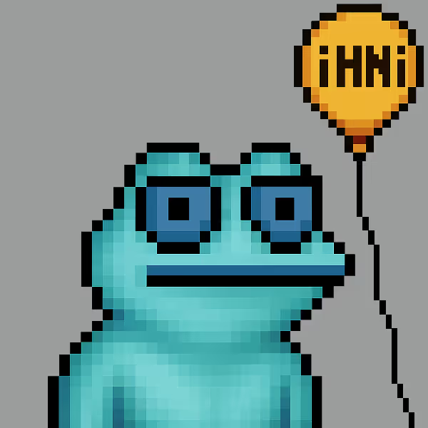 A pixel art illustration of a teal frog holding a string attached to a yellow balloon that reads 'IHNI'.