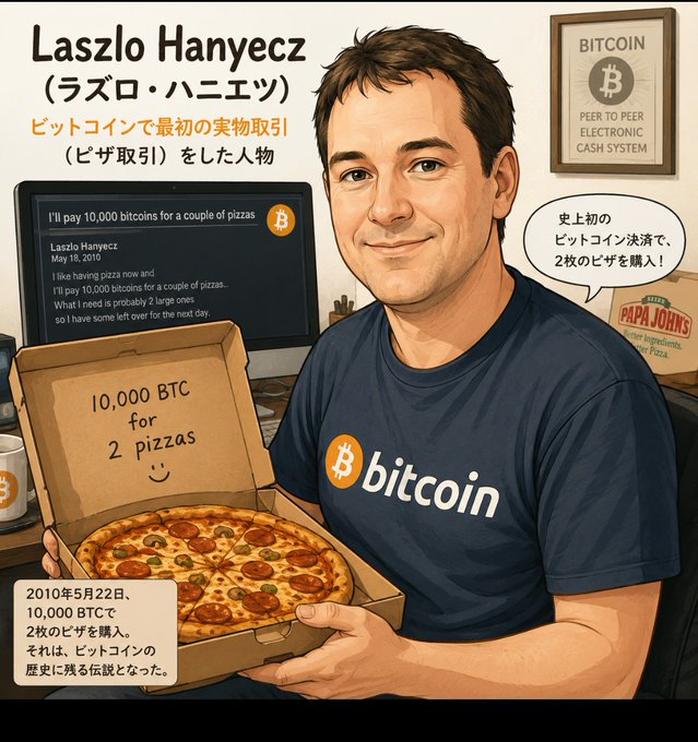 An illustration of Laszlo Hanyecz, the person who made the first Bitcoin transaction, holding a pizza box with "10,000 BTC for 2 pizzas" written on it, alongside a Bitcoin logo and a screen showing his forum post about the pizza deal.