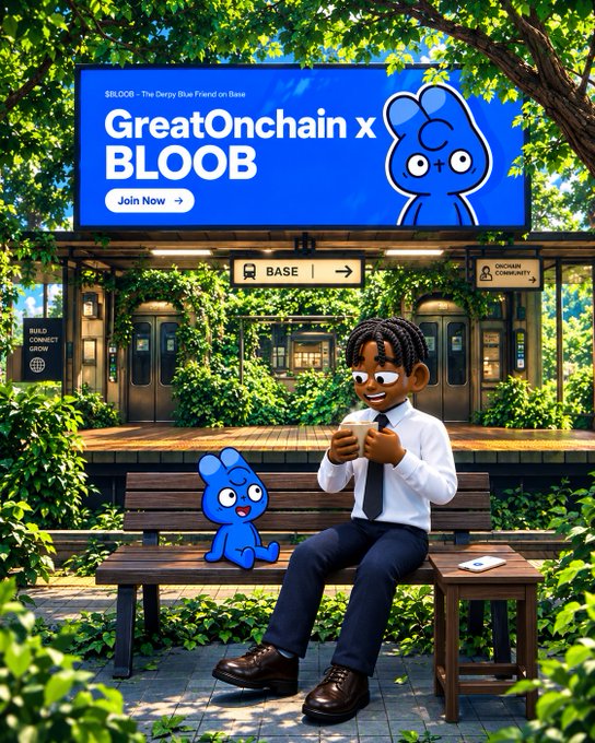 An illustrated scene of a person sitting on a bench at a station looking at their phone, with a blue bunny-like character beside them; a billboard above advertises 'GreatOnchain x BLOOB'.