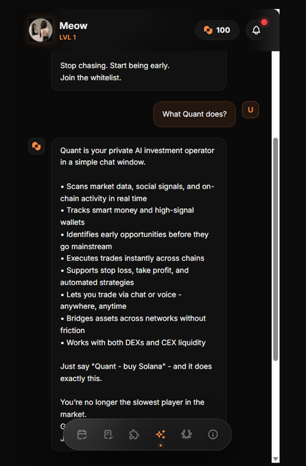 A chat interface from 'Meow' (LVL 1) promoting 'Quant,' an AI trading operator that scans market data, tracks smart money wallets, executes trades across chains, and supports commands like 'Quant - buy Solana'.