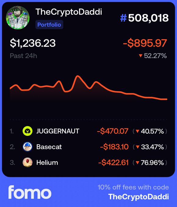 A portfolio screenshot for "TheCryptoDaddi" (#508,018) showing a 24-hour loss of $895.97 (-52.27%), with the worst-performing holdings being Helium (-76.96%, -$422.61), JUGGERNAUT (-40.57%, -$470.07), and Basecat (-33.47%, -$183.10) — illustrating the meme-coin losses referenced in the caption.