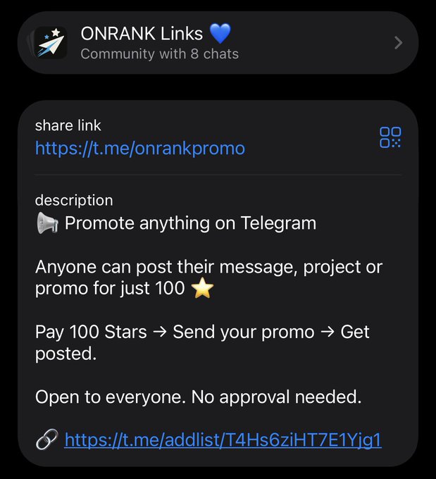 A screenshot of a Telegram community called 'ONRANK Links' with 8 chats, promoting messages for 100 Stars with links including 'https://t.me/onrankpromo'.
