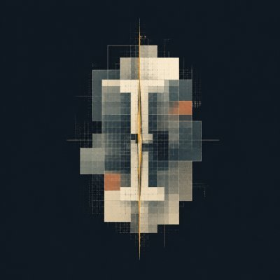 An abstract geometric artwork featuring a pixelated, cubist-style face composition with muted blue, beige, and orange tones against a dark background.