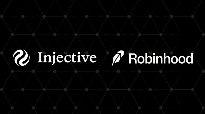 A black graphic displays the logos of "Injective" and "Robinhood" side by side, indicating a partnership or collaboration.