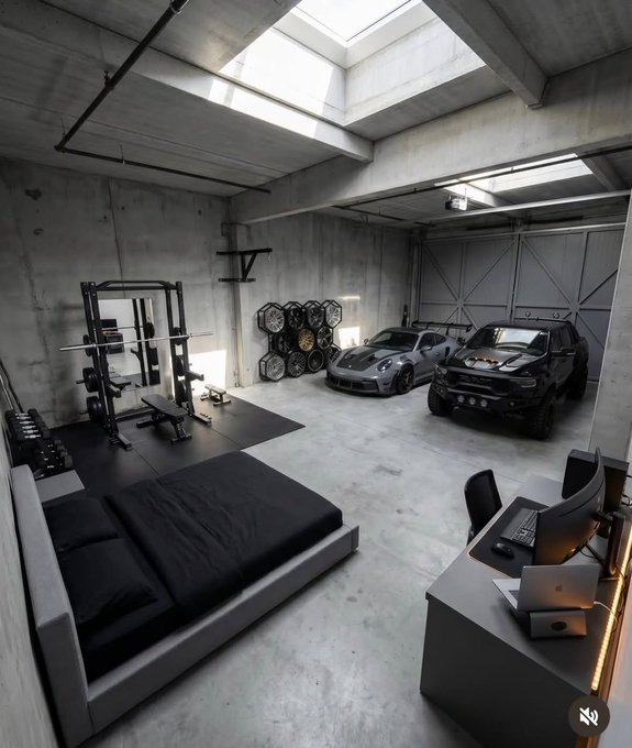 A modern industrial-style garage converted into a luxury living space with a concrete bed, weightlifting equipment, a desk with monitors, and two parked vehicles (a Porsche and a Lamborghini).