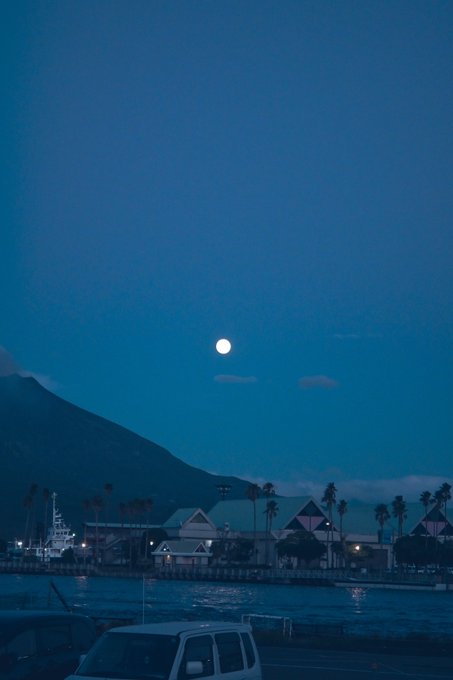 A bright full moon hangs in the deep blue twilight sky above a coastal town, with its soft glow reflecting over the calm harbor waters below. Palm trees and low buildings silhouette the shoreline as the moon takes center stage over the serene nighttime seascape.