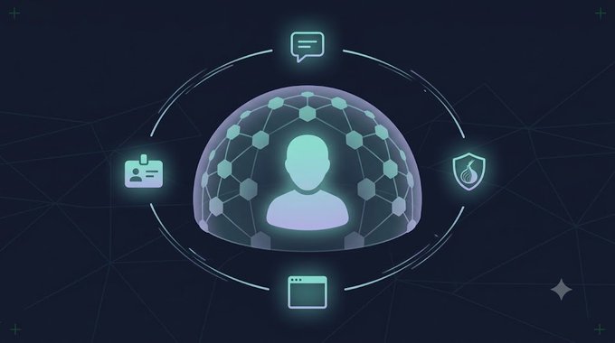 A digital illustration showing a stylized user avatar surrounded by a hexagonal network sphere, with icons representing messaging, contact, security/shield, and a browser window arranged in a circular pattern.