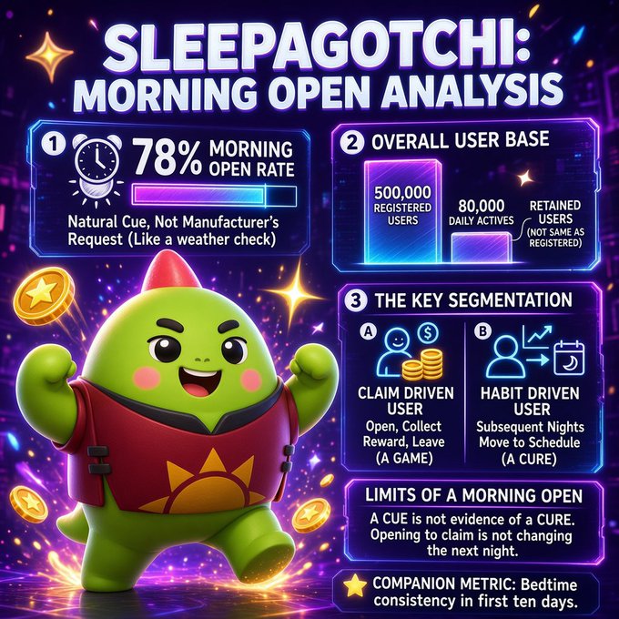 Infographic titled 'SLEEPAGOTCHI: MORNING OPEN ANALYSIS' highlighting 78% morning open rate, 500,000 registered users, and comparing claim-driven vs. habit-driven user behavior alongside a green dinosaur mascot.