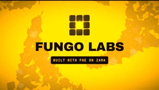 A promotional graphic with a yellow background displaying 'FUNGO LABS' with the tagline 'BUILT WITH FHE ON ZAMA'.