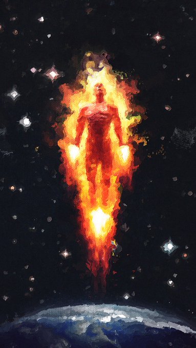 A painted illustration depicts a humanoid figure engulfed in flames floating in a starry black sky above the curvature of Earth.