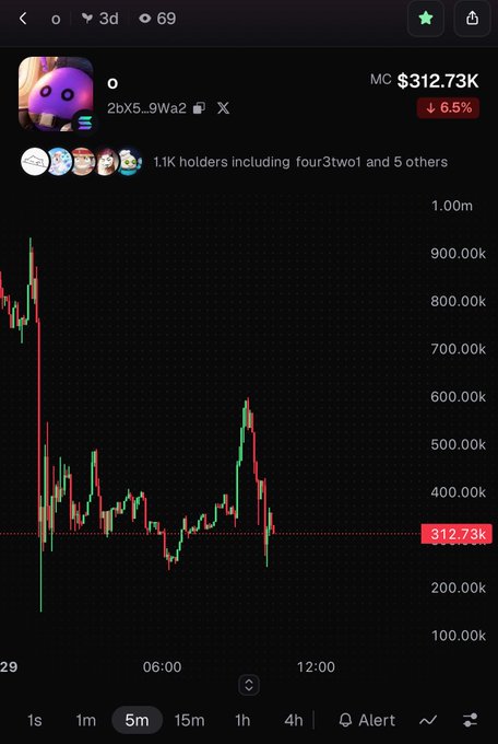 A cryptocurrency trading chart showing the token 'O' (2bX5...9Wa2) with a market cap of $312.73K, down 6.5%, featuring a candlestick price chart.