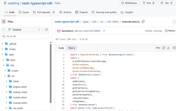 A GitHub repository page for 'nadohq/nado-typescript-sdk' showing TypeScript code in the file apps/e2e/src/otc-client/execute.test.ts, with imports including 'EngineOrderParams' and 'addDecimals'.