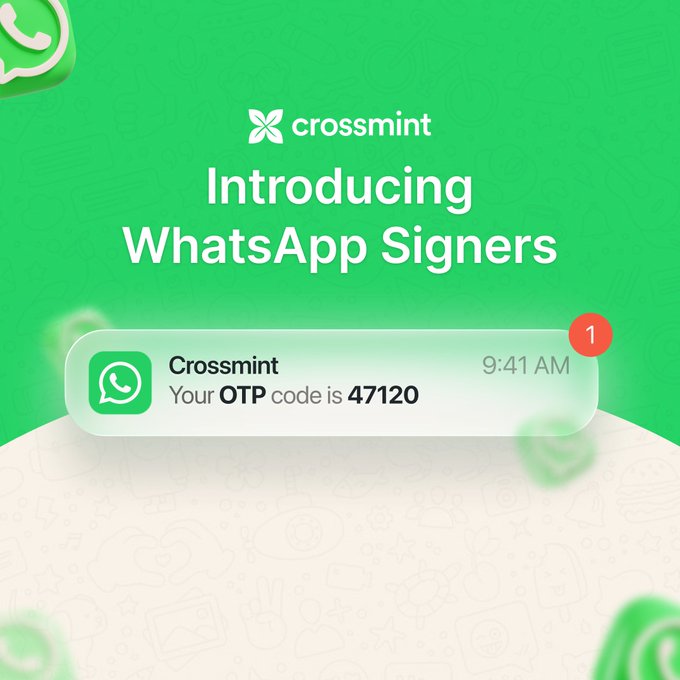 Green promotional graphic from Crossmint introducing 'WhatsApp Signers,' displaying a sample OTP code notification of 47120.