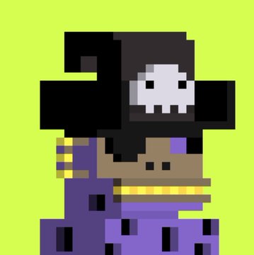 A pixel-art character wearing a purple robe, a large dark hat with a white skull emblem, and a gold chain necklace stands against a bright green background.