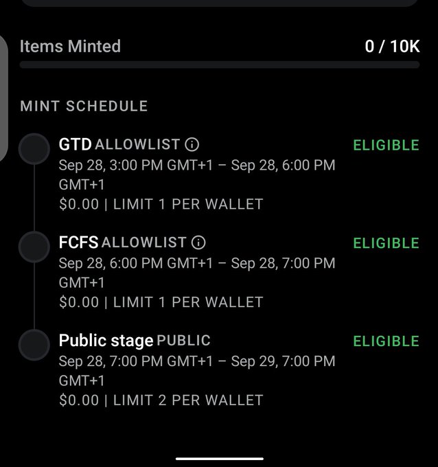 A mobile app screen displaying an NFT mint schedule with three stages: GTD Allowlist, FCFS Allowlist, and Public stage, all marked as ELIGIBLE with 0/10K items minted.