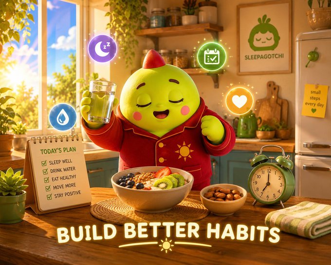 An advertisement for "SLEEPAGOTCHI" featuring a green character in red pajamas enjoying a healthy breakfast, promoting the message "BUILD BETTER HABITS" alongside a "TODAY'S PLAN" checklist.