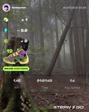 A STEPN GO fitness app screenshot showing a user named 'snowsnow_' completing a 1.46 km walk in a misty forest with a Walker shoe NFT (#50579868).