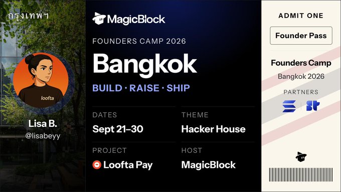 A digital 'Founder Pass' ticket for MagicBlock Founders Camp 2026 in Bangkok, themed 'Hacker House', held Sept 21-30 for the project Loofta Pay, featuring an avatar for Lisa B. (@lisabeyy).