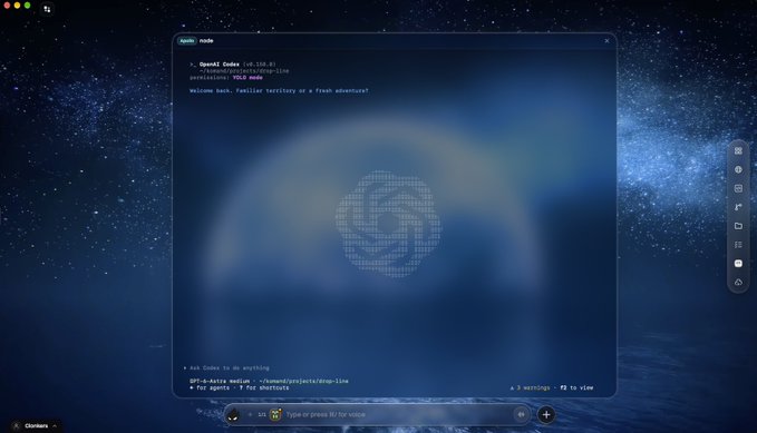 A terminal interface with a starry background displays an OpenAI Codex CLI session running the GPT-4.o model, featuring a pixelated OpenAI logo in the center.