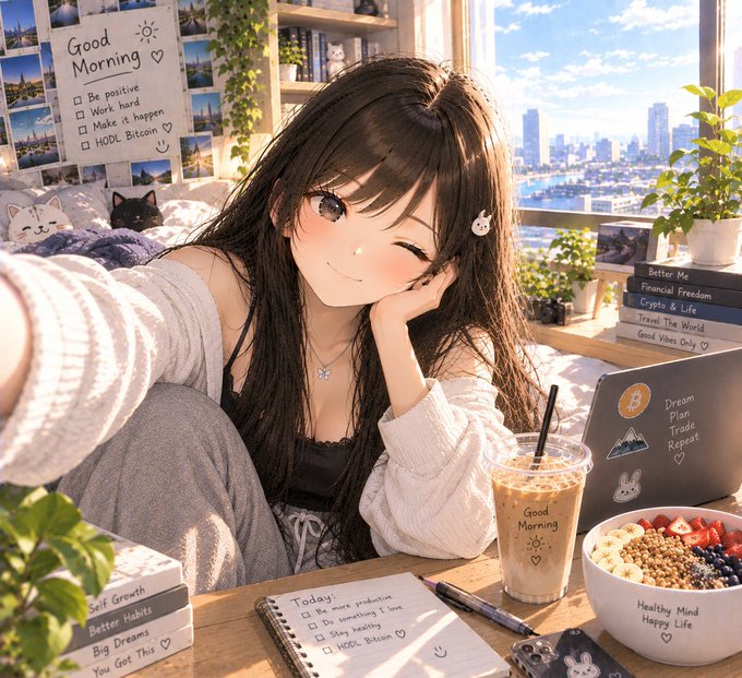 An anime-style illustration of a smiling young woman taking a selfie at a desk with a laptop, coffee, and breakfast, with a to-do list that includes 'HODL Bitcoin'.
