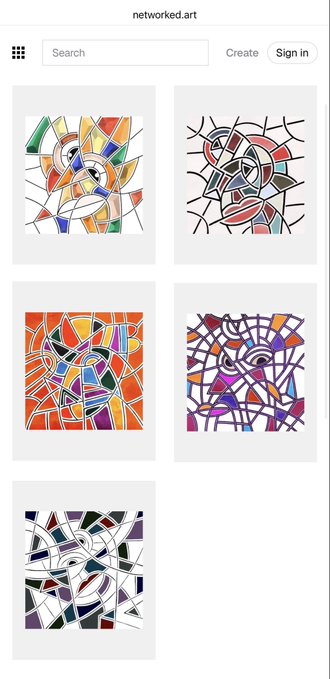A screenshot of a website called 'networked.art' displaying a grid of colorful, abstract geometric mosaic-style artworks.