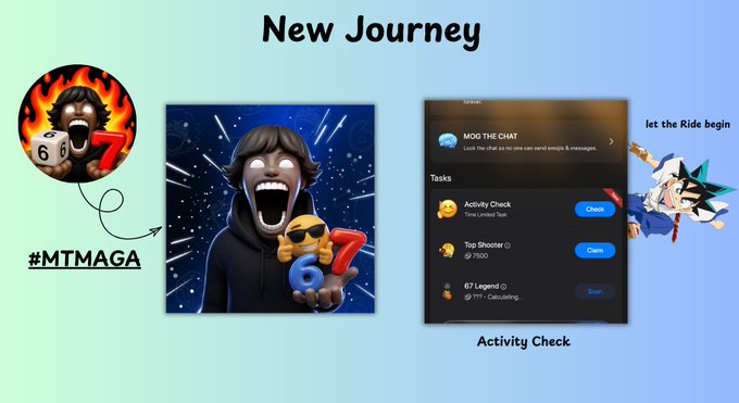 A 'New Journey' promotional graphic featuring a cartoon character holding 677 and an Activity Check task list.