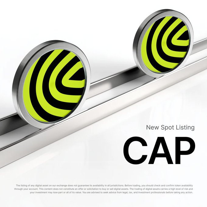 A promotional graphic for a new spot listing of the CAP token on Bybit features two circular logos with a black and yellow-green abstract design on a sleek metallic background, accompanied by the text "New Spot Listing CAP" and a disclaimer about trading risks. The image directly supports the accompanying post announcing CAP's official listing on Bybit Spot and its 30,000,000 CAP Prize Pool trading event.