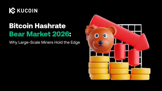 The image is a KuCoin promotional graphic titled "Bitcoin Hashrate Bear Market 2026: Why Large-Scale Miners Hold the Edge," featuring a 3D illustration of an orange bear head, a red downward arrow, a grid chart, and stacks of gold coins against a black background. The visual elements directly reinforce the post's message about a prolonged hashrate downturn, with the bear and descending arrow symbolizing the bearish market conditions that are squeezing out smaller, higher-cost miners while favoring large-scale operators.