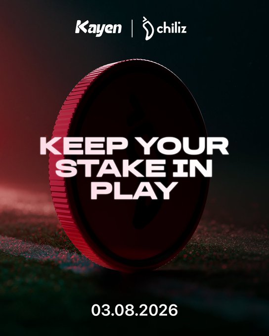 A promotional teaser image featuring a stylized dark coin on a textured red-lit surface, displaying the logos "Kayen | Chiliz" at the top, the tagline "KEEP YOUR STAKE IN PLAY" across the center, and the date "03.08.2026" at the bottom. The post aligns with the image by announcing the upcoming launch on Chiliz Chain on August 3, building anticipation with a suspenseful "wait" theme.