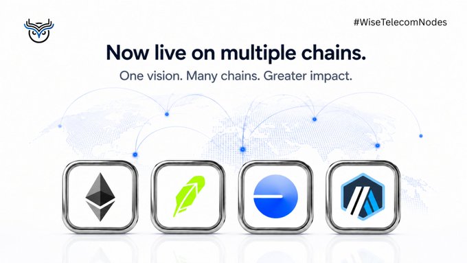 A promotional graphic for Wise Telecom Nodes featuring the tagline "Now live on multiple chains. One vision. Many chains. Greater impact." displayed above four chain icons—Ethereum, a green leaf logo (likely Base), a blue circle logo (likely Robinhood Chain), and Arbitrum—visually reinforcing the announcement of multi-chain availability across Ethereum, Arbitrum One, Base, and Robinhood Chain.