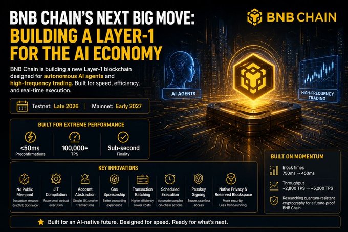 A promotional graphic for BNB Chain's new Layer-1 blockchain, titled "BNB CHAIN'S NEXT BIG MOVE: BUILDING A LAYER-1 FOR THE AI ECONOMY," highlighting features like <50ms preconfirmations and 100,000+ TPS.