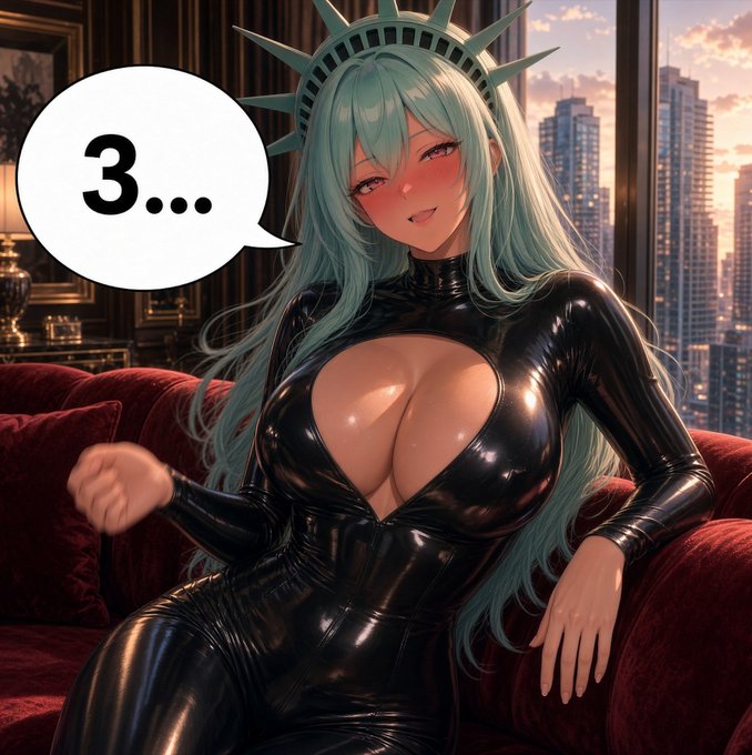 An anime-style illustration of a character dressed as the Statue of Liberty, with teal hair, a spiked crown, and a black latex bodysuit, sitting on a red couch with a speech bubble reading '3...'.
