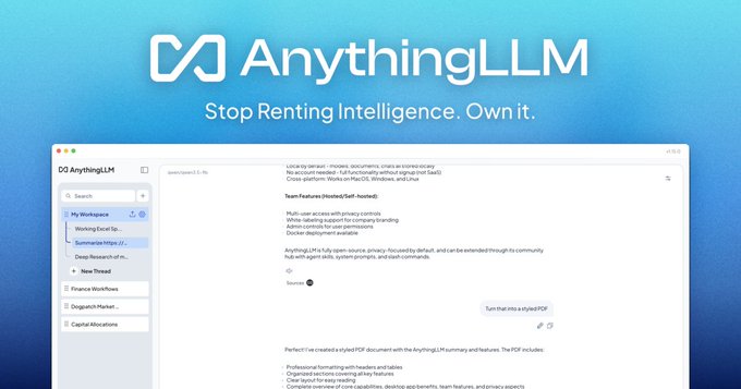 A promotional banner for AnythingLLM with the tagline 'Stop Renting Intelligence. Own it.' showing a screenshot of the desktop application interface with workspace options.