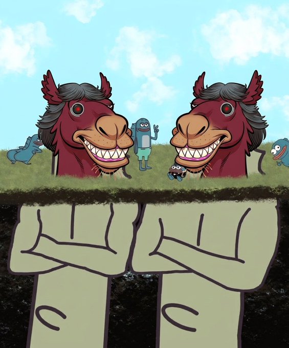 An illustration depicting two grinning, demonic horse-head characters emerging from the ground above grass, with their muscular arm bodies hidden underground and small cartoon monsters (including a blue rabbit) watching in the background.