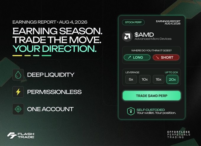 A Flash Trade promotional graphic for the AMD ($AMD) earnings report dated August 4, 2026, featuring a stock perpetual trading interface with "LONG/SHORT" directional options and leverage up to 20x, alongside highlights of "Deep Liquidity," "Permissionless," and "One Account." The ad encourages traders to position themselves ahead of AMD's earnings call with self-custodied perpetual trading.