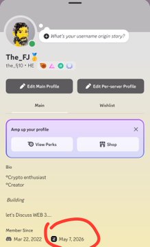 A screenshot of a profile page on 'The_FJ' showing a user named 'anglin story' with options to edit profile and shop, with the member since date 'May 7, 2026' circled in red.