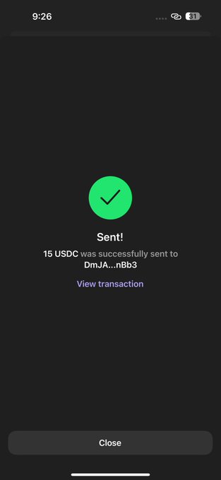Mobile screenshot showing a successful transaction confirmation: 'Sent! 15 USDC was successfully sent to DmJA...nBb3' with a green checkmark.