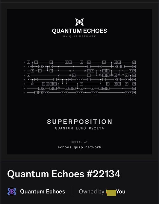 A digital NFT-style artwork titled 'QUANTUM ECHOES BY QUIP NETWORK' showing a quantum circuit diagram labeled 'SUPERPOSITION - QUANTUM ECHO #22134', marked as 'Owned by You'.