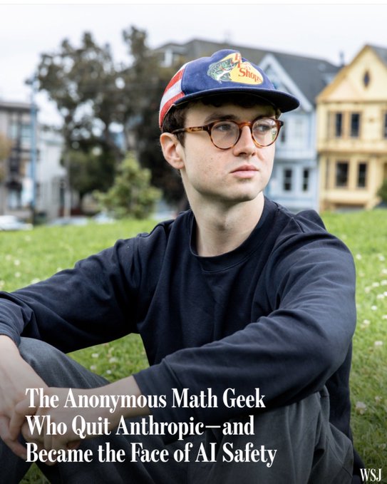 WSJ Magazine cover featuring a young man in a cap and glasses with the headline 'The Anonymous Math Geek Who Quit Anthropic—and Became the Face of AI Safety'.