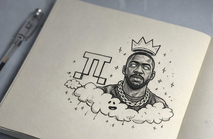 A pencil sketch in a notebook depicting a crowned Kanye West (Ye) with a chain next to a 'π' (Pi Network) symbol surrounded by clouds and stars.