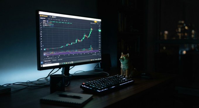 A dimly lit trading setup featuring a monitor displaying a green cryptocurrency chart, an illuminated mechanical keyboard, and a small Shiba Inu figurine on the desk.
