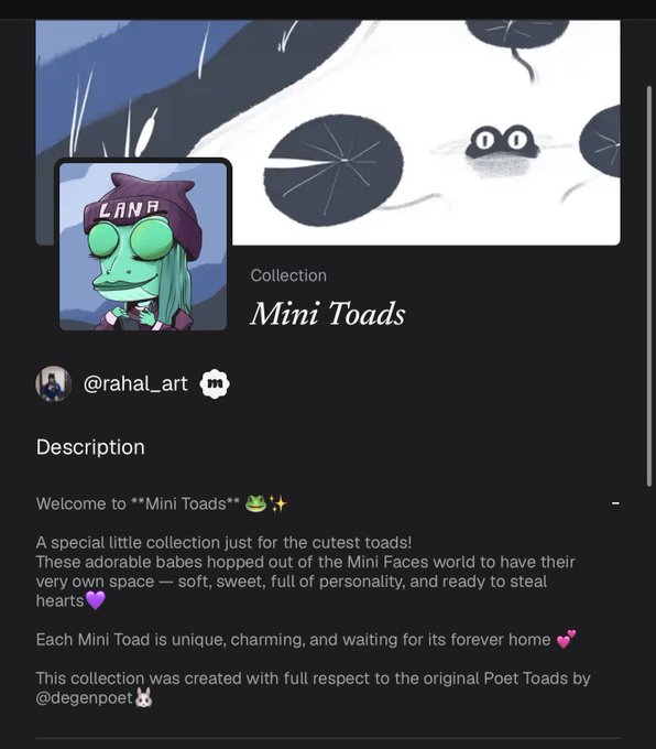 A screenshot of an NFT collection page titled 'Mini Toads' by @rahal_art, featuring a green toad character with teal hair wearing a beanie.