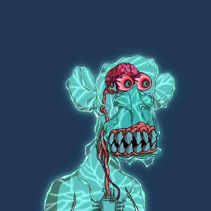 A digital illustration of a grotesque zombie-like figure with exposed brain and bulging yellow eyes, glowing teal in color, with a dark blue background.