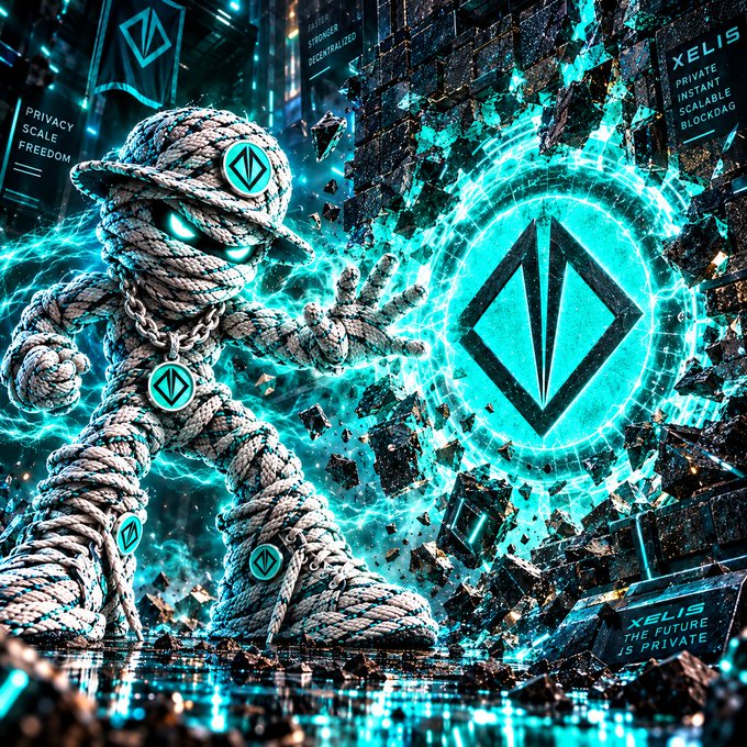 A digital illustration features a mummy-like figure made of rope with glowing teal eyes, reaching toward a glowing blockchain emblem with 'XELIS' text and logos, set against a crumbling brick wall with words like 'PRIVACY SCALE FREEDOM' and 'PRIVATE INSTANT SCALABLE BLOCKDAG'.