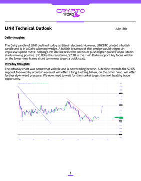 A technical analysis report titled "LINK Technical Outlook" dated July 13th, showing a daily candlestick chart of $LINK with declining momentum heading toward the $7.65 support level, aligning with the post's discussion of potential further decline before a bounce.