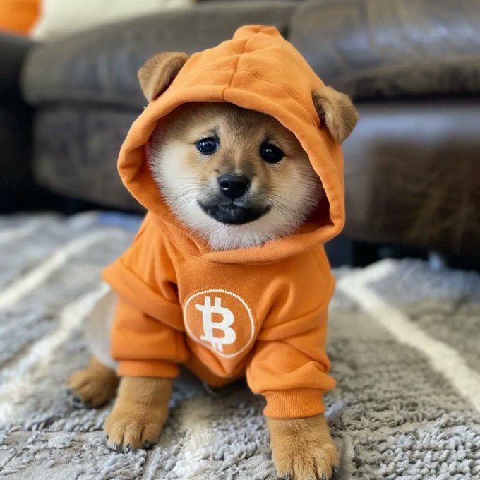 An adorable Shiba Inu puppy wears an orange hoodie featuring the Bitcoin "₿" logo, sitting on a textured rug in front of a brown leather couch.

The image ties to the post by visually representing the resilient, community-driven spirit described in the text—the Shiba breed echoes $DOG's meme-dog heritage and Bitcoin logo, symbolizing the project's decentralized values and the "water wearing through stone" perseverance of its holders.