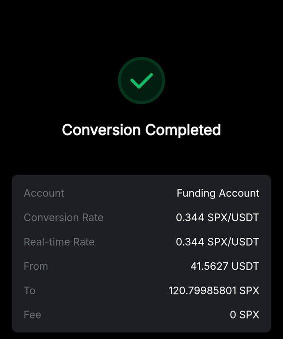 A "Conversion Completed" confirmation screen showing 41.5627 USDT converted to 120.79985801 SPX at a rate of 0.344 SPX/USDT with zero fees, illustrating the user's daily DCA (dollar-cost averaging) accumulation of SPX6900 tokens.